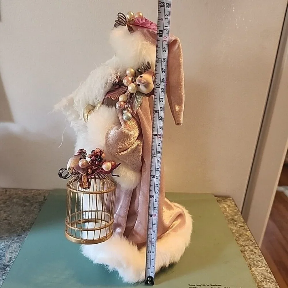 Pink Velvet Santa 13.5” Tree Topper with Birds and Birdcage Fur Floral Vintage